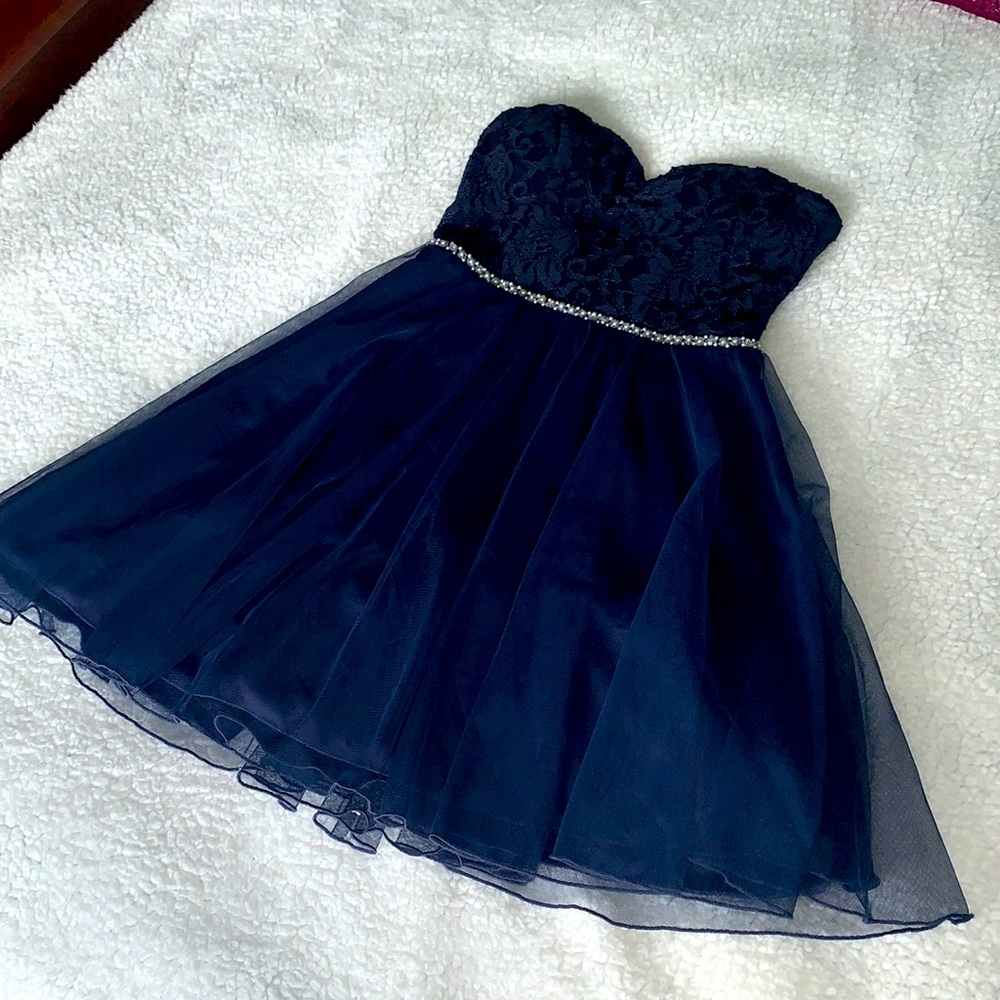 Strapless Navy Homecoming Dress